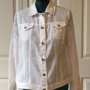 Charter Club white linen jacket with lace sleeves.